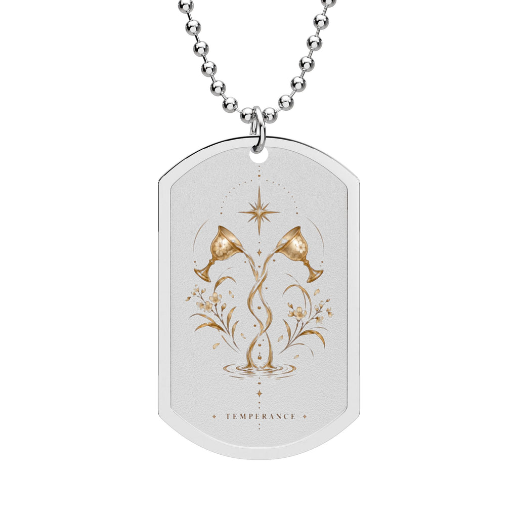 Temperance Tarot Dog Tag Necklace — Gold Spiritual Pendant with Chain
