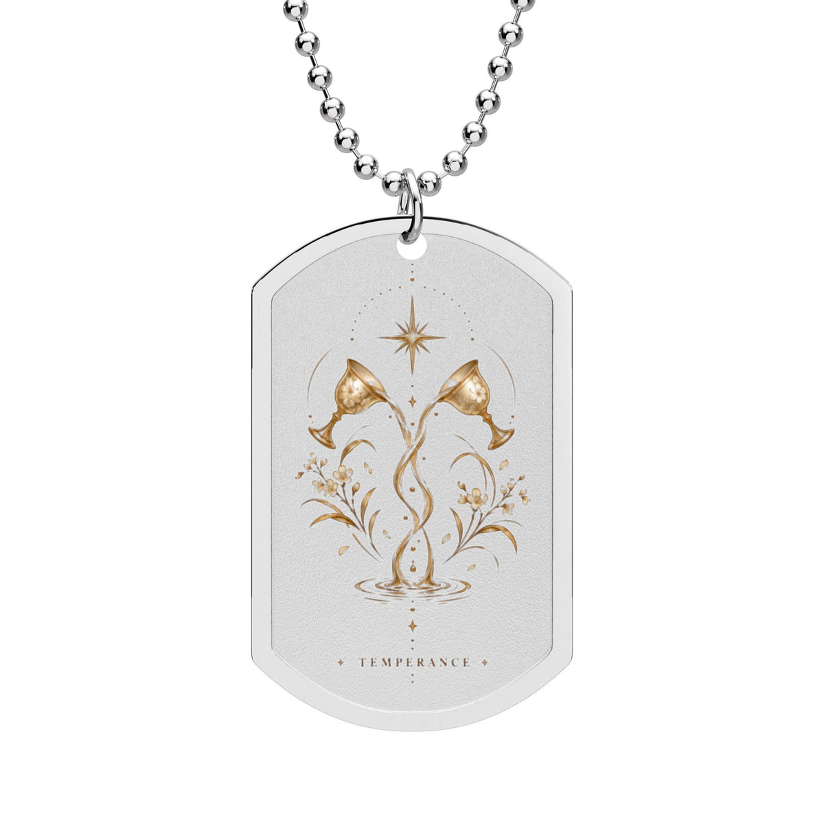 Temperance Tarot Dog Tag Necklace — Gold Spiritual Pendant with Chain