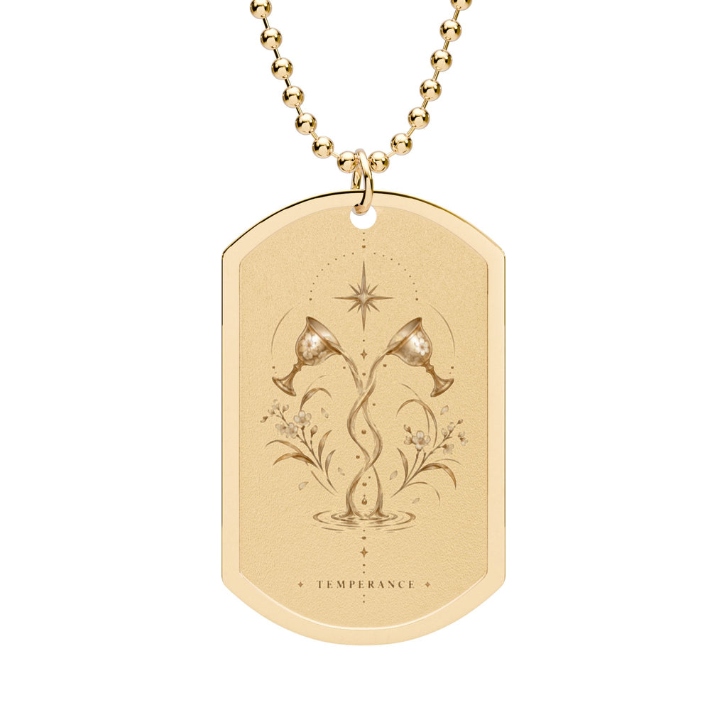 Temperance Tarot Dog Tag Necklace — Gold Spiritual Pendant with Chain